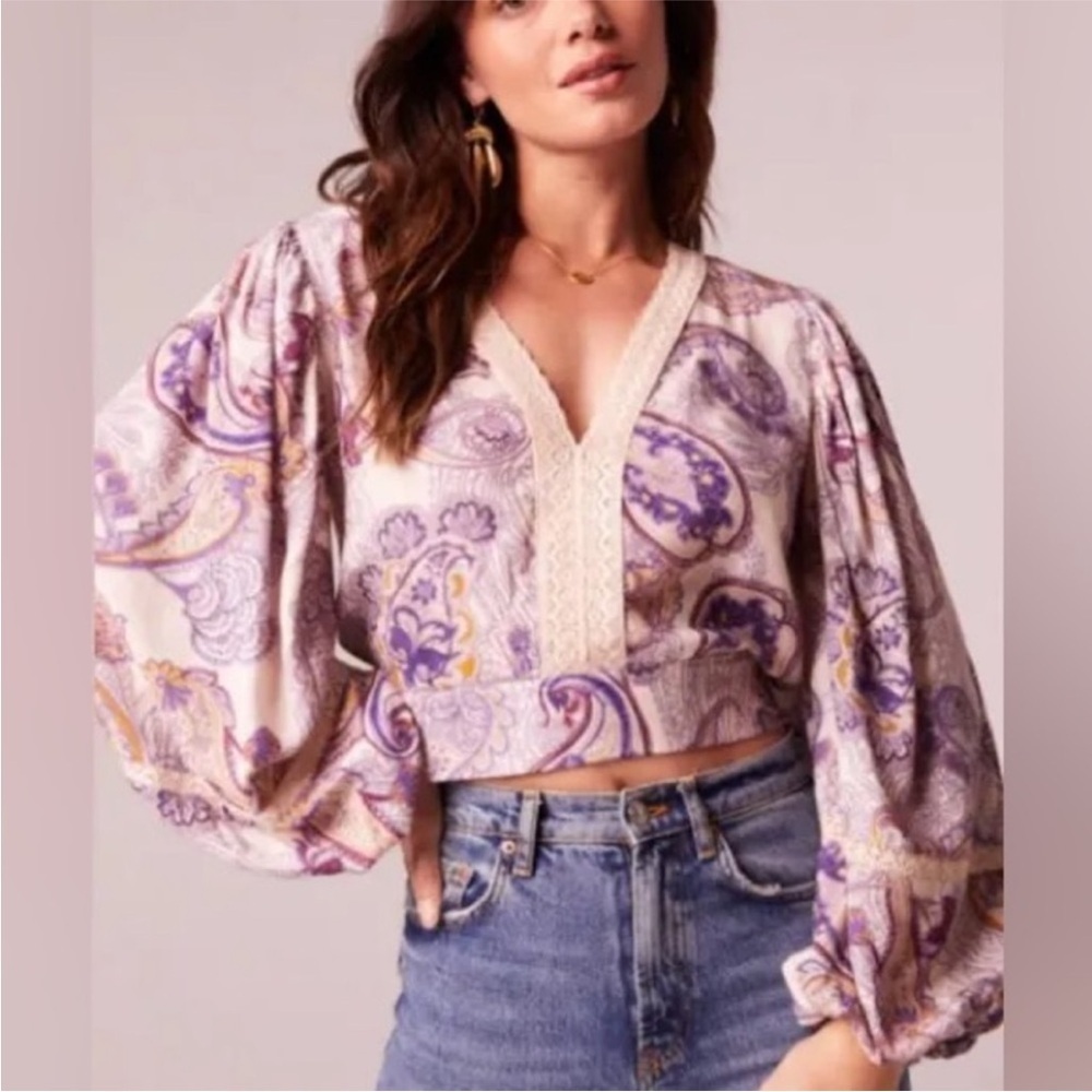 B.O.G Cream Purple Full Sleeve Lace Trim V-Neckline Smocked Back Waist Top NEW - Picture 2 of 16